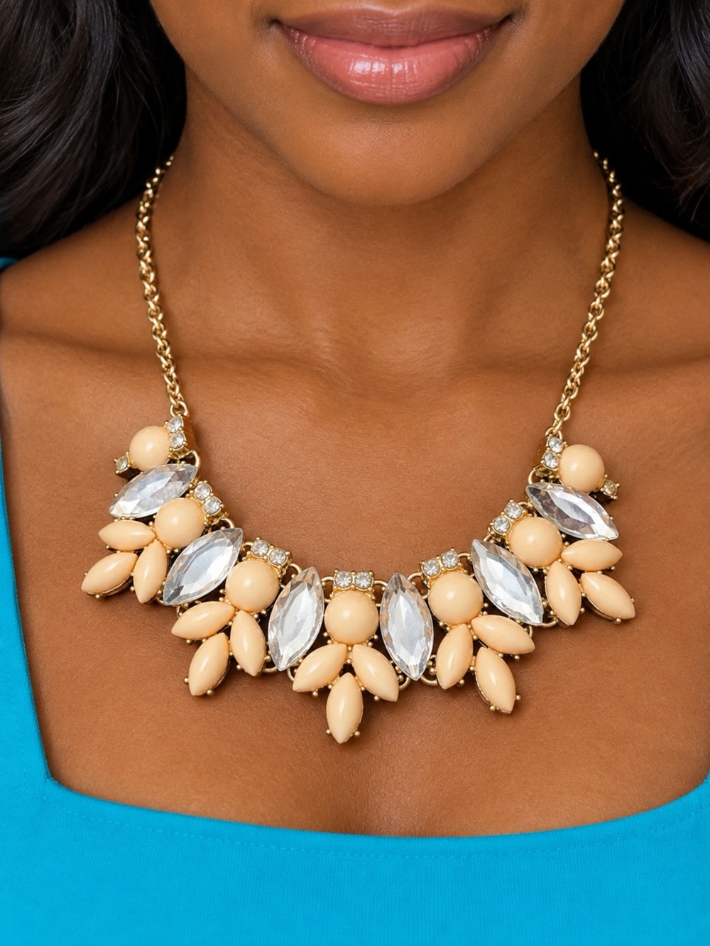 Vintage Peach Beads Clear Crystals Gold Statement Necklace Retro Boho Jewelry